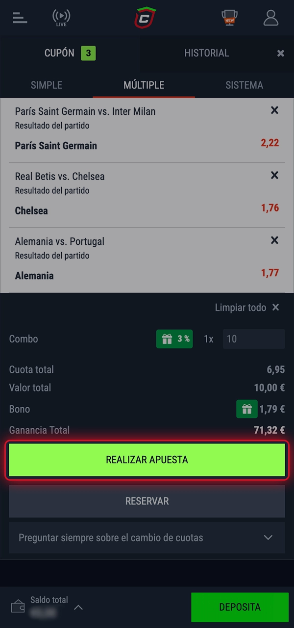 Define los detalles de la apuesta y gana con Casinado.