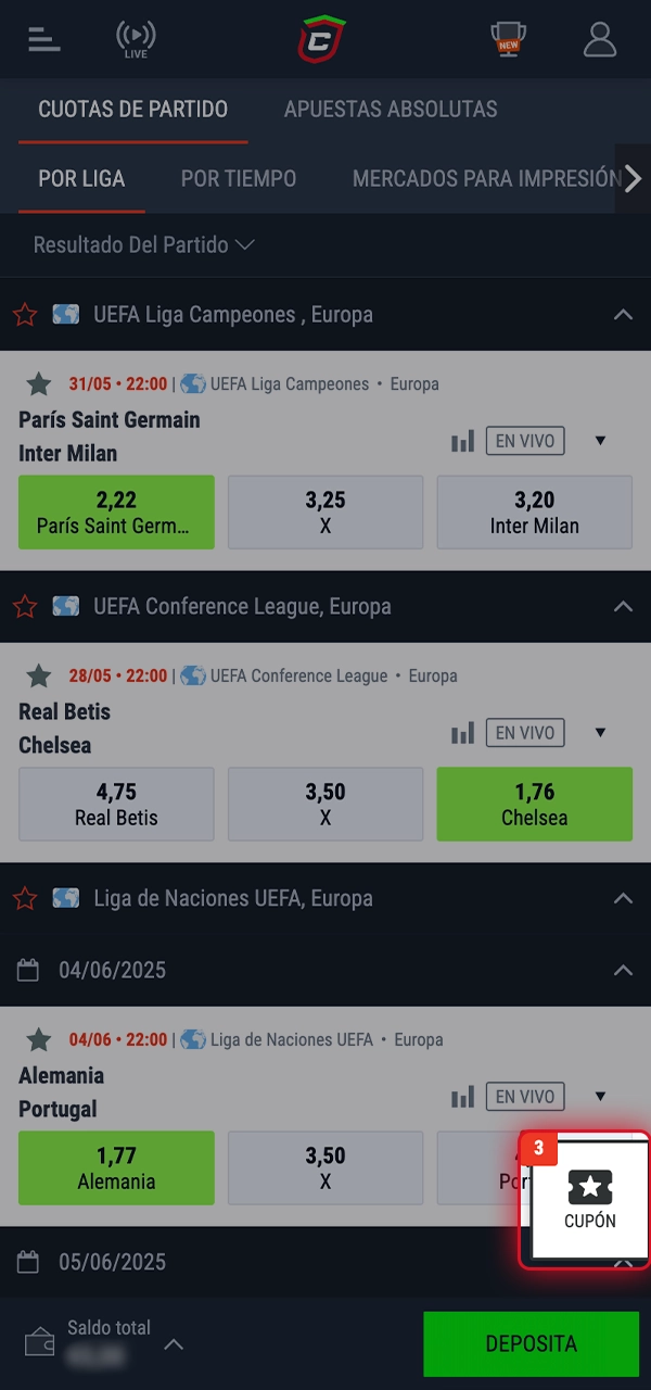 Elige el deporte y las cuotas para tu próxima apuesta.