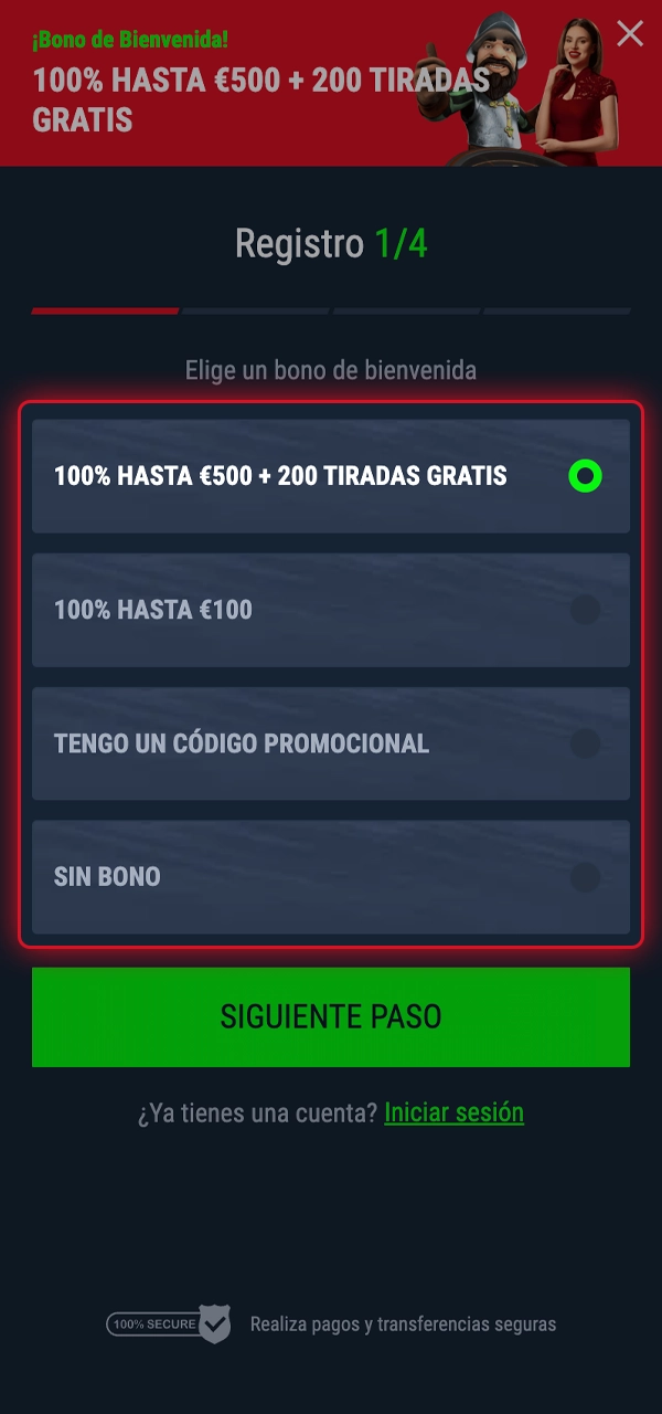 Seleccione el bono de bienvenida que desee.