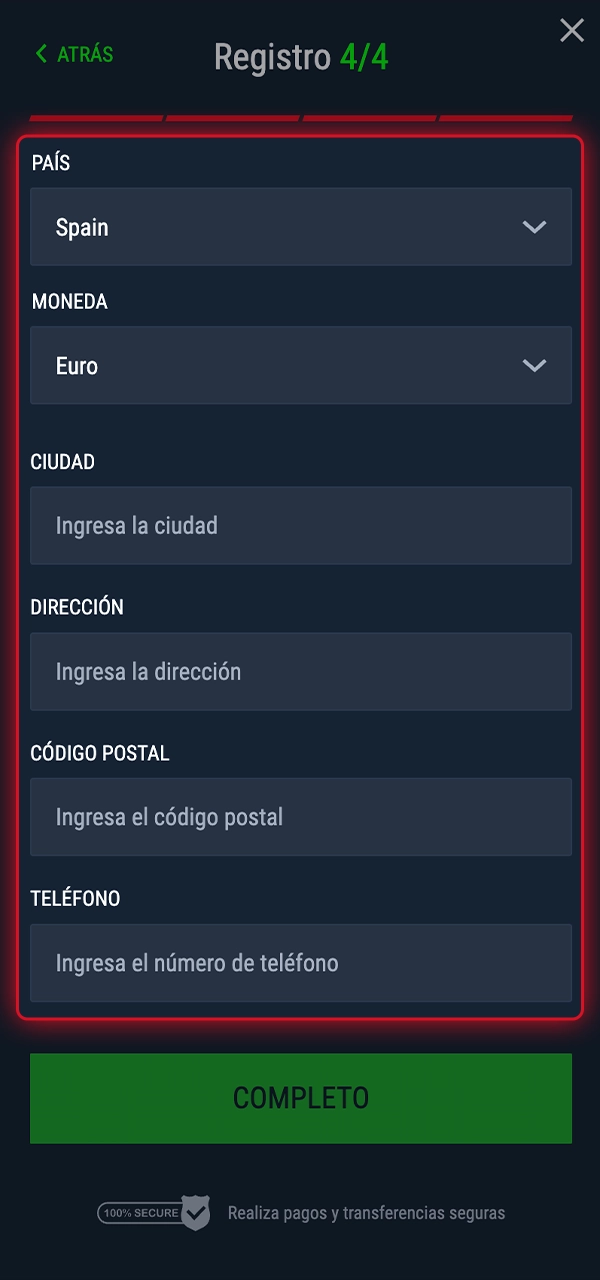 Complete el registro en Casinado en el móvil introduciendo sus datos de contacto.