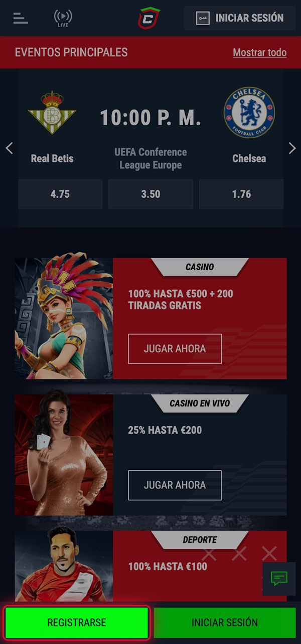 Pasos sencillos para encontrar el botón de registro en el casino Casinado en el móvil.