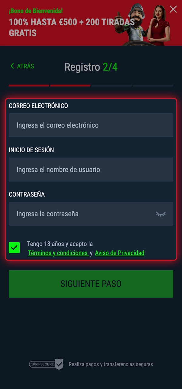 Rellene el formulario con su nombre y contraseña para continuar con el registro.