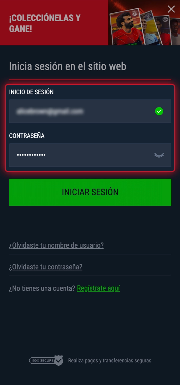 Rellena los datos con tu nombre y contraseña para continuar con el inicio de sesión a través de la aplicación móvil.