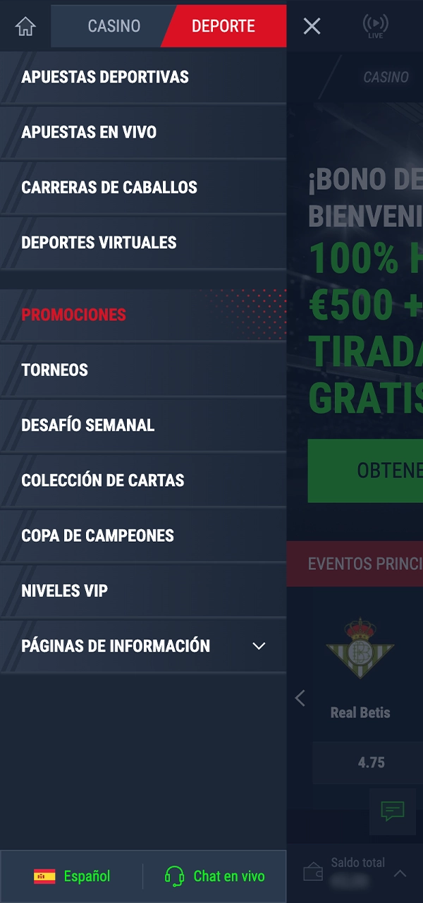 Sigue las instrucciones para acceder a la sección de deportes de Casinado.