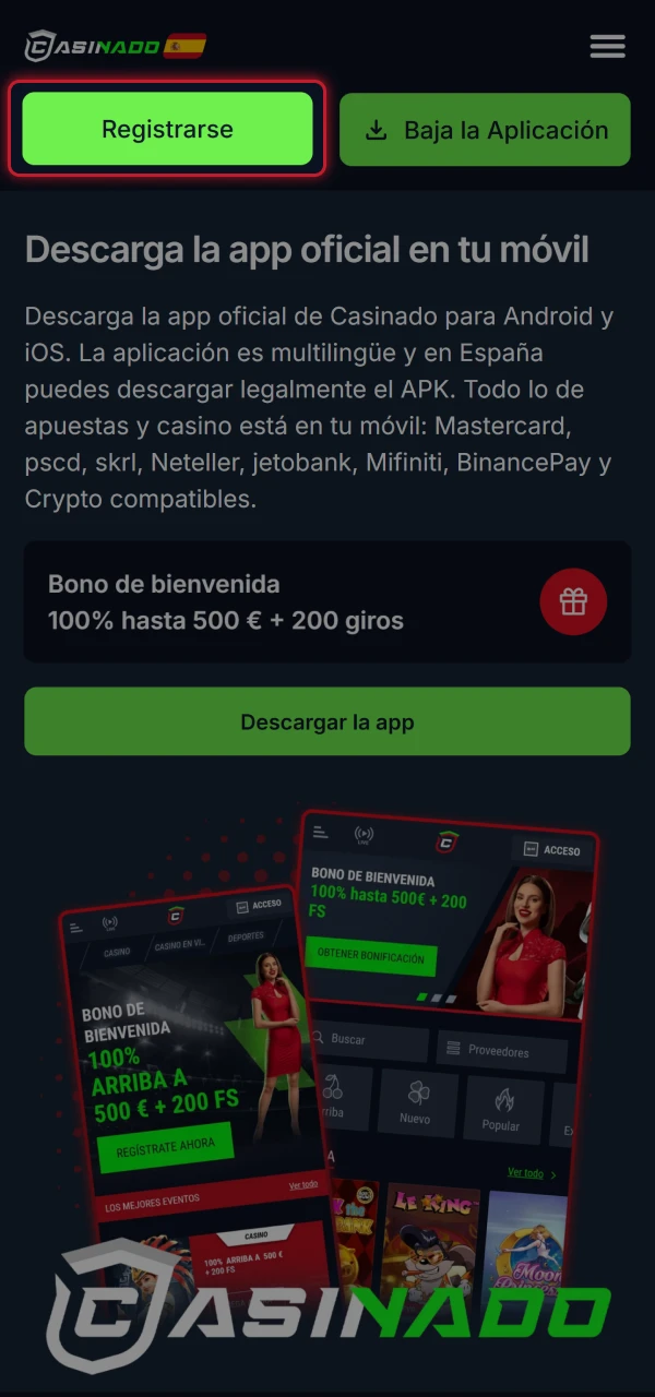 Inicia la aplicación Casinado en tu dispositivo móvil para comenzar el registro.