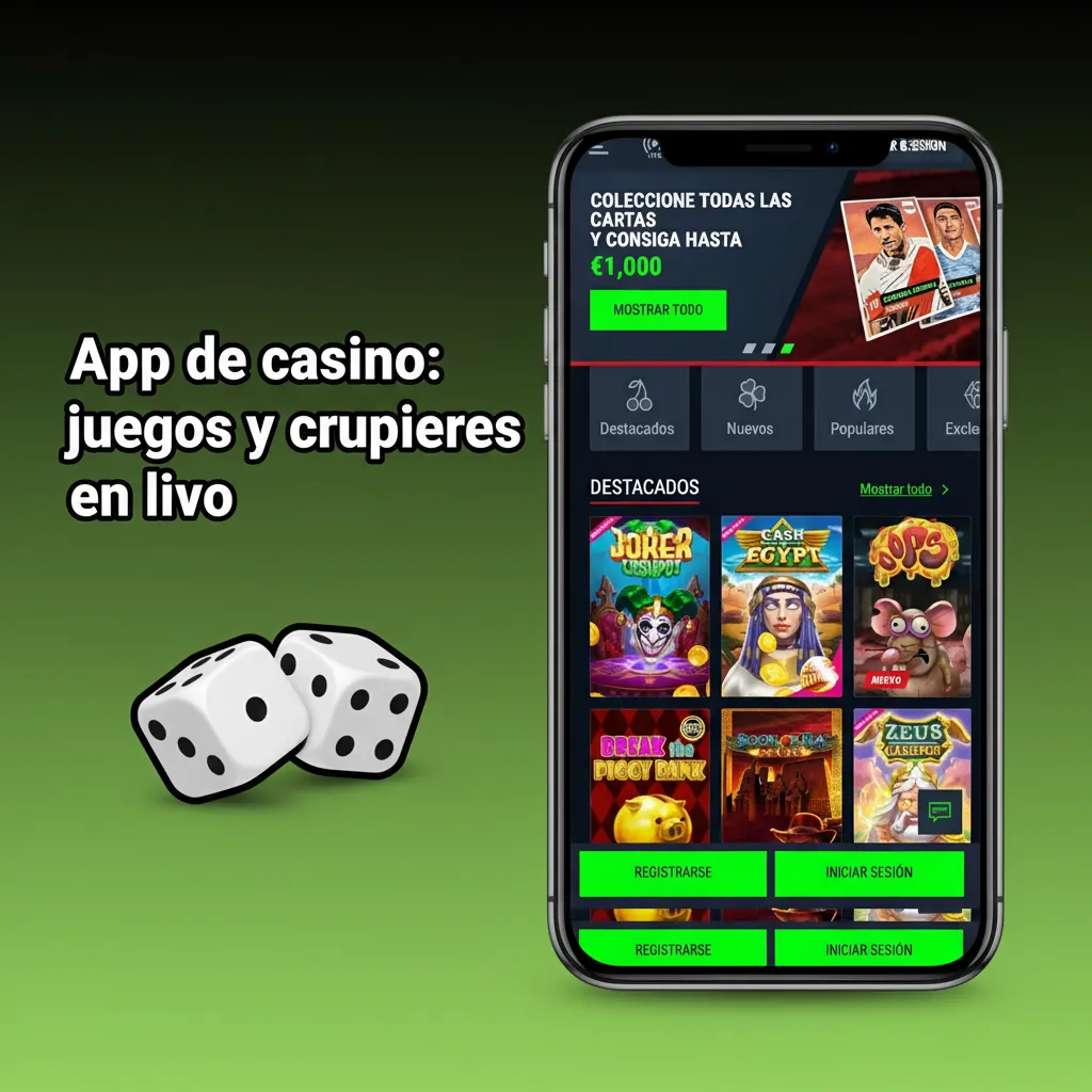 App de casino: pantalla con slots, ruleta y blackjack en vivo con crupieres, títulos populares y promociones.