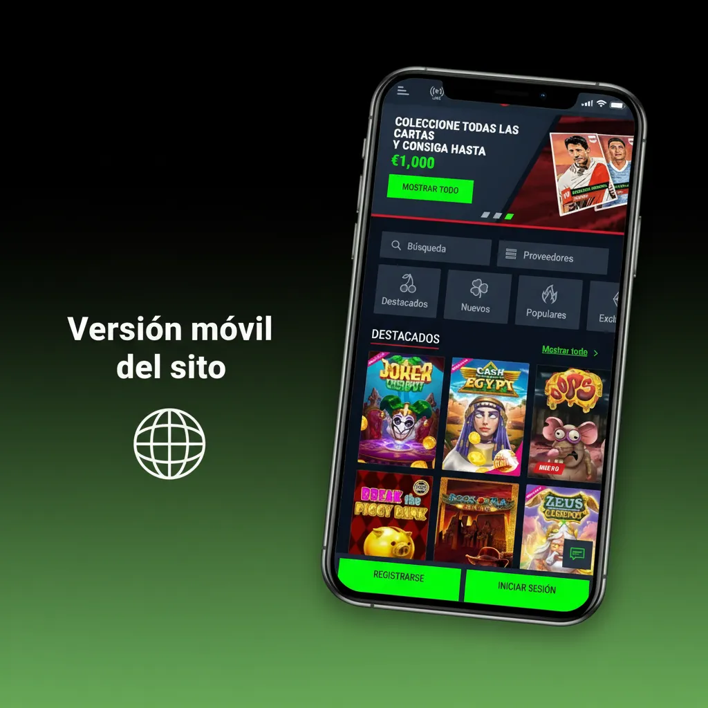 Versión móvil del sitio en un teléfono: mercados en vivo, juegos verticales, caja segura, notificaciones y acceso sin app.