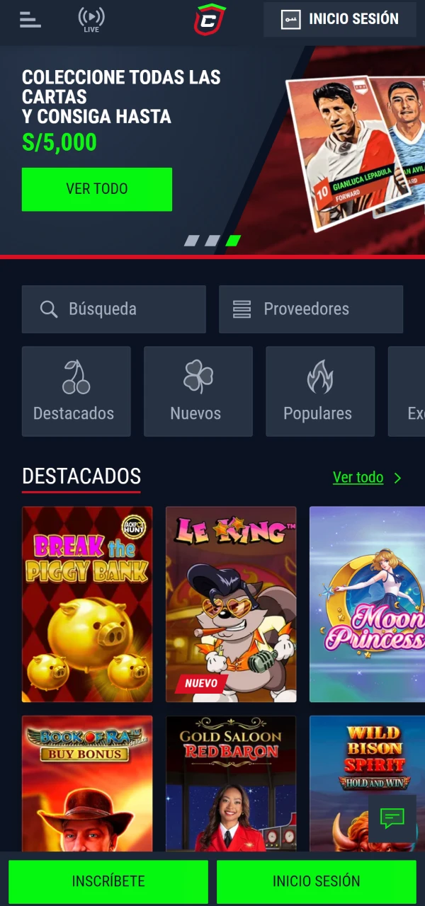 Sección de casino Casinado con lista de slots populares, buscador y categorías de juegos.