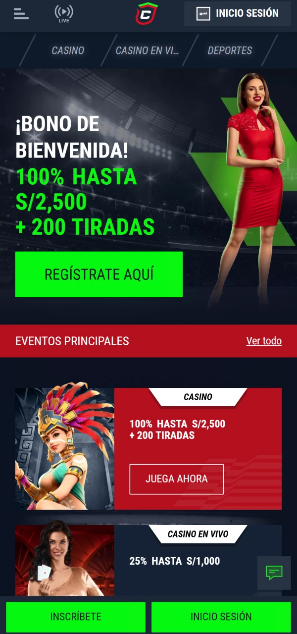 Interfaz inicial de Casinado con menú principal, acceso al casino, deportes y promociones destacadas.