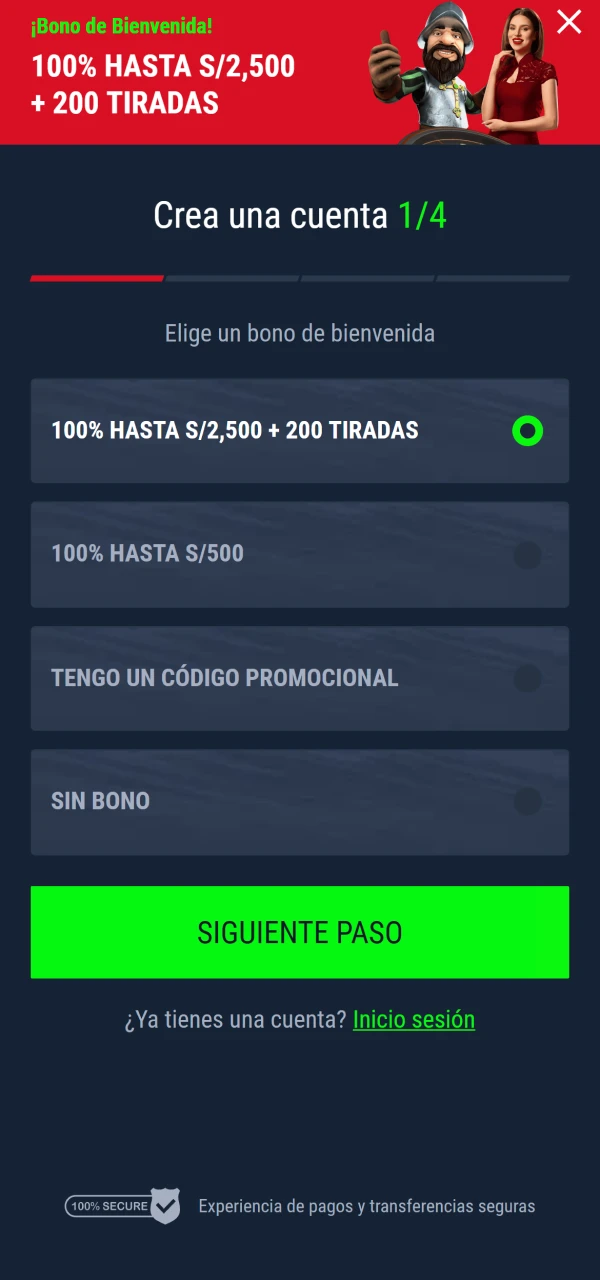 Formulario de registro de Casinado con campos de datos personales, país, moneda y contraseña.